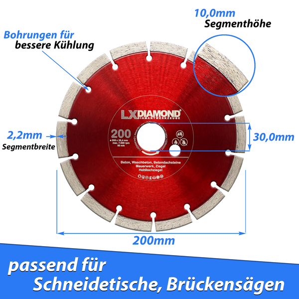 LXDIAMOND Diamant-Trennscheibe 125mm - 250mm - für Schneidetische, Brückensägen, Winkelschleifer, Mauernutfräsen - Diamantscheibe zum Trennen von Stein, Beton, Ziegel, Mauerwerk - Steinscheibe in Profi Qualität