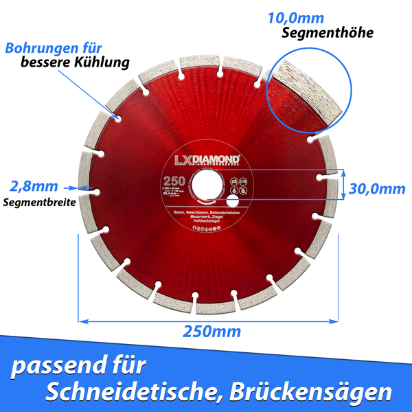 LXDIAMOND Diamant-Trennscheibe 125mm - 250mm - für Schneidetische, Brückensägen, Winkelschleifer, Mauernutfräsen - Diamantscheibe zum Trennen von Stein, Beton, Ziegel, Mauerwerk - Steinscheibe in Profi Qualität