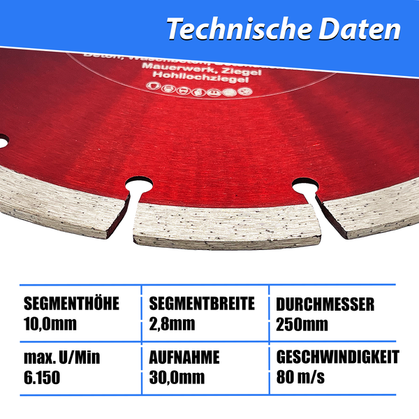 LXDIAMOND Diamant-Trennscheibe 125mm - 250mm - für Schneidetische, Brückensägen, Winkelschleifer, Mauernutfräsen - Diamantscheibe zum Trennen von Stein, Beton, Ziegel, Mauerwerk - Steinscheibe in Profi Qualität