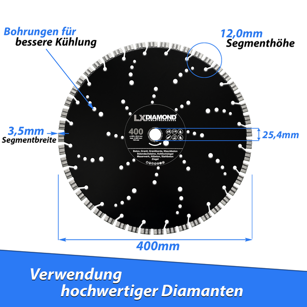 LXDIAMOND Diamant-Trennscheibe 400mm Premium Diamantscheibe für Stein Beton Stahlbeton Granit Granitborde Mauerwerk Hartgestein 400 mm passend für Schneidetische, Tischsägen, Trennjäger