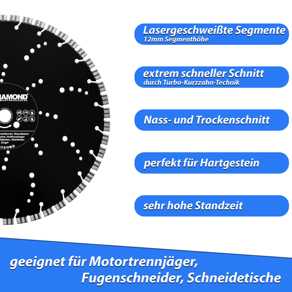 LXDIAMOND Diamant-Trennscheibe 400mm Premium Diamantscheibe für Stein Beton Stahlbeton Granit Granitborde Mauerwerk Hartgestein 400 mm passend für Schneidetische, Tischsägen, Trennjäger