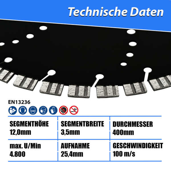 LXDIAMOND Diamant-Trennscheibe 400mm Premium Diamantscheibe für Stein Beton Stahlbeton Granit Granitborde Mauerwerk Hartgestein 400 mm passend für Schneidetische, Tischsägen, Trennjäger