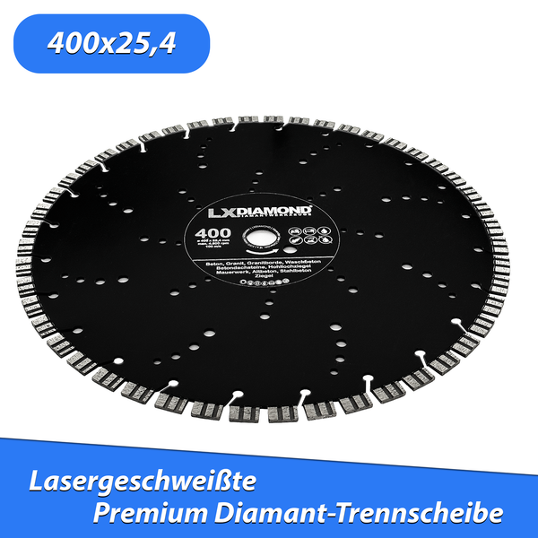 LXDIAMOND Diamant-Trennscheibe 400mm Premium Diamantscheibe für Stein Beton Stahlbeton Granit Granitborde Mauerwerk Hartgestein 400 mm passend für Schneidetische, Tischsägen, Trennjäger