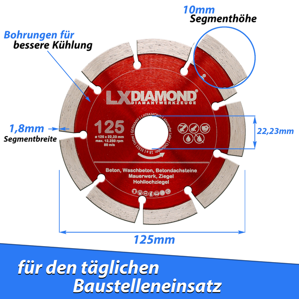 LXDIAMOND Diamant-Trennscheibe 125mm - 250mm - für Schneidetische, Brückensägen, Winkelschleifer, Mauernutfräsen - Diamantscheibe zum Trennen von Stein, Beton, Ziegel, Mauerwerk - Steinscheibe in Profi Qualität