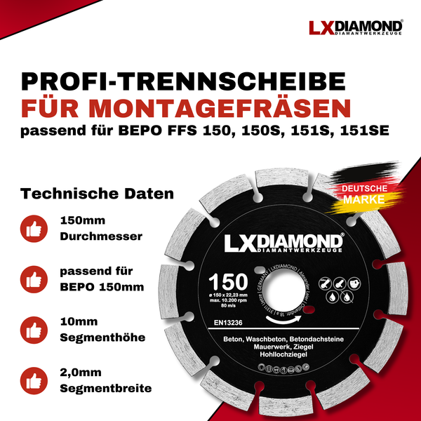 LXDIAMOND Diamant-Trennscheibe 150mm Profi Diamantscheibe passend für Bepo FFS 150 151 Fensterfugenschneider Montagefräse Fensterfräse
