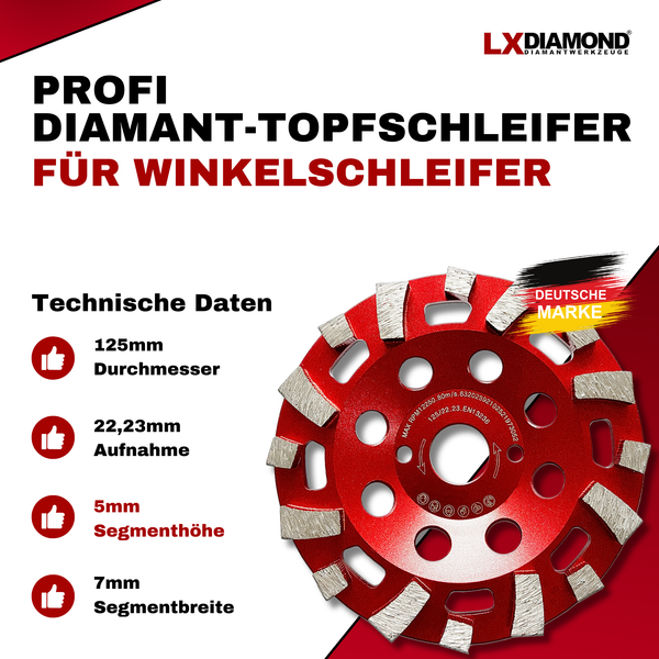 LXDIAMOND Diamant-Schleiftopf 125mm für Beton, Estrich, Fliesenkleber - Topfschleifer in 125 mm