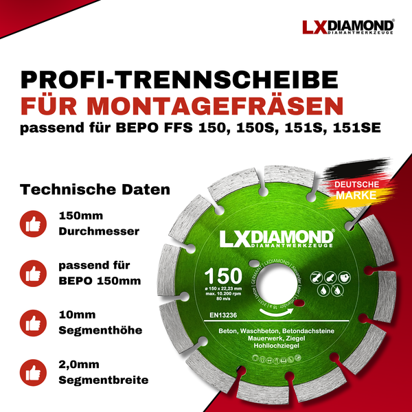 LXDIAMOND Diamant-Trennscheibe 150mm Profi Diamantscheibe passend für Bepo FFS 150 151 Fensterfugenschneider Montagefräse Fensterfräse