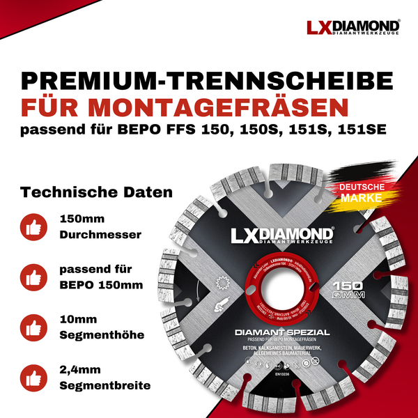 LXDIAMOND Diamant-Trennscheibe 150mm Diamantscheibe passend für Bepo FFS 150 151 Fensterfugenschneider Montagefräse Fensterfräse