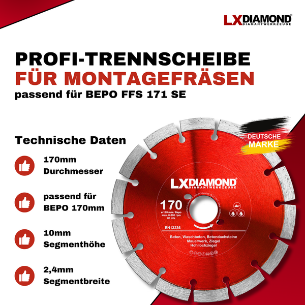LXDIAMOND Diamant-Trennscheibe 170mm Profi Diamantscheibe passend für Bepo FFS 171SE Fensterfugenschneider Montagefräse Fensterfräse