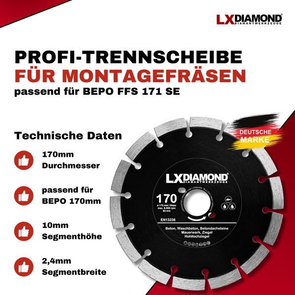 LXDIAMOND Diamant-Trennscheibe 170mm Profi Diamantscheibe passend für Bepo FFS 171SE Fensterfugenschneider Montagefräse Fensterfräse