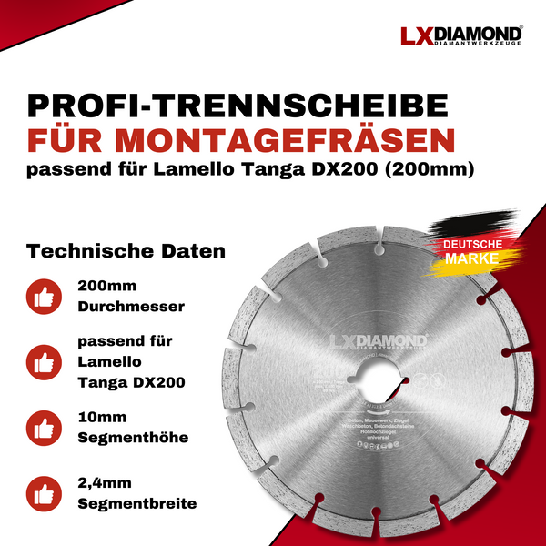 LXDIAMOND Diamant-Trennscheibe 200mm - Diamantscheibe für Beton Mauerwerk Ziegel Stein - kompatibel mit Lamello Tanga DX200 Fensterfräse Montagefräse