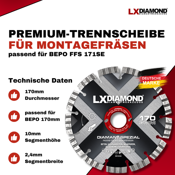 LXDIAMOND Diamant-Trennscheibe 170mm Diamantscheibe passend für Bepo FFS 171SE Fensterfugenschneider Montagefräse Fensterfräse