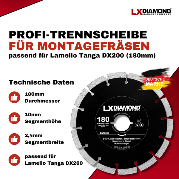 LXDIAMOND Diamant-Trennscheibe 180mm für Beton Mauerwerk Ziegel Stein Diamantscheibe passend für Lamello Tanga DX200 Montagefräse, Fensterfräse