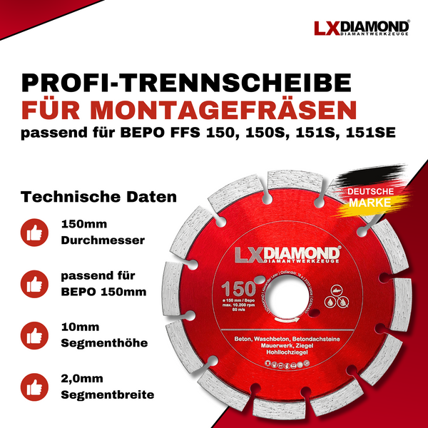 LXDIAMOND Diamant-Trennscheibe 150mm Profi Diamantscheibe passend für Bepo FFS 150 151 Montagefräse Fensterfräse