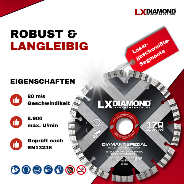 LXDIAMOND Diamant-Trennscheibe 170mm Diamantscheibe passend für Bepo FFS 171SE Fensterfugenschneider Montagefräse Fensterfräse