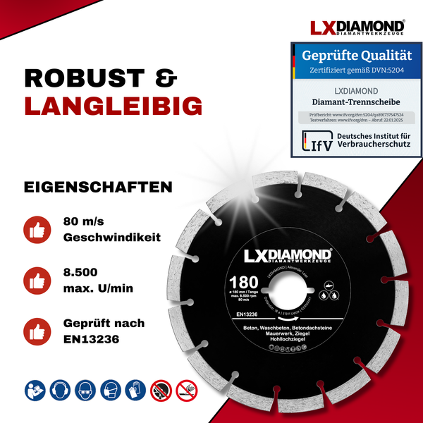 LXDIAMOND Diamant-Trennscheibe 180mm für Beton Mauerwerk Ziegel Stein Diamantscheibe passend für Lamello Tanga DX200 Montagefräse, Fensterfräse