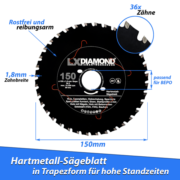 LXDIAMOND Hartmetall-Sägeblatt 150mm für Holz, Metall, Eisen, Stahl passend für Bepo FFS 150 151 Montagefräse