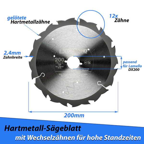 LXDIAMOND Hartmetall-Sägeblatt 200mm für Holz Nagelfest passend für Lamello Tanga DX200 Montagefräse