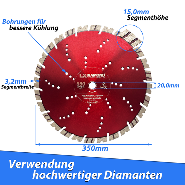 LXDIAMOND PREMIUM Diamant-Trennscheibe 350mm Beton Naturstein hochwertige Diamantscheibe für den Galabauer