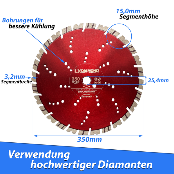 LXDIAMOND PREMIUM Diamant-Trennscheibe 350mm Beton Naturstein hochwertige Diamantscheibe für den Galabauer