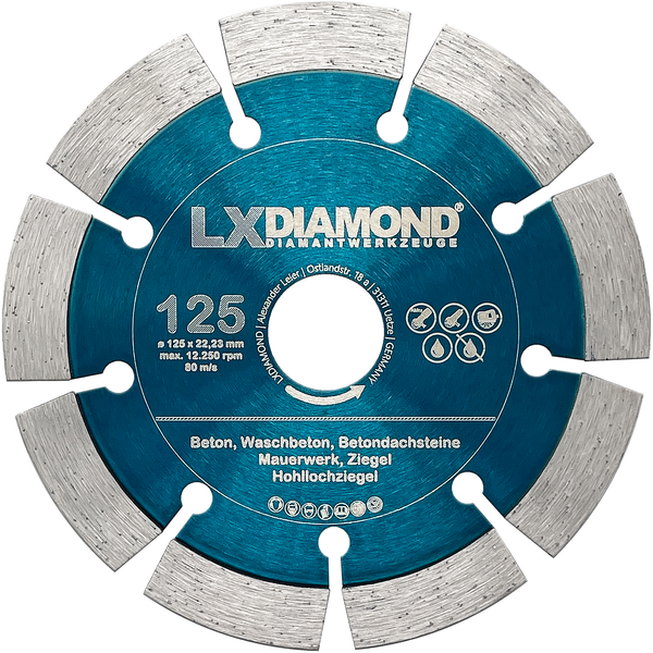 LXDIAMOND Diamant-Trennscheibe 125mm x 22,23mm - Diamantscheibe für Stein Beton Mauwerk passend für Winkelschleifer Mauernutfräse Schlitzfräsen - 125 mm in Profi Qualität