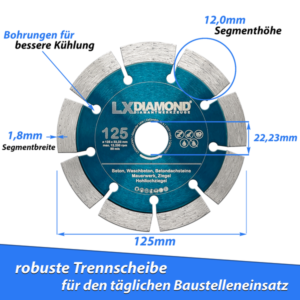 LXDIAMOND Diamant-Trennscheibe 125mm x 22,23mm - Diamantscheibe für Stein Beton Mauwerk passend für Winkelschleifer Mauernutfräse Schlitzfräsen - 125 mm in Profi Qualität