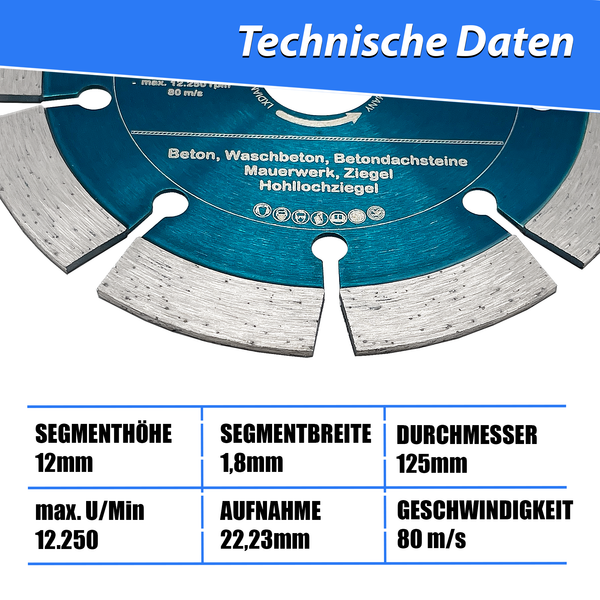 LXDIAMOND Diamant-Trennscheibe 125mm x 22,23mm - Diamantscheibe für Stein Beton Mauwerk passend für Winkelschleifer Mauernutfräse Schlitzfräsen - 125 mm in Profi Qualität