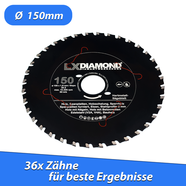 LXDIAMOND Hartmetall-Sägeblatt 150mm für Holz, Metall, Eisen, Stahl passend für Bepo FFS 150 151 Montagefräse