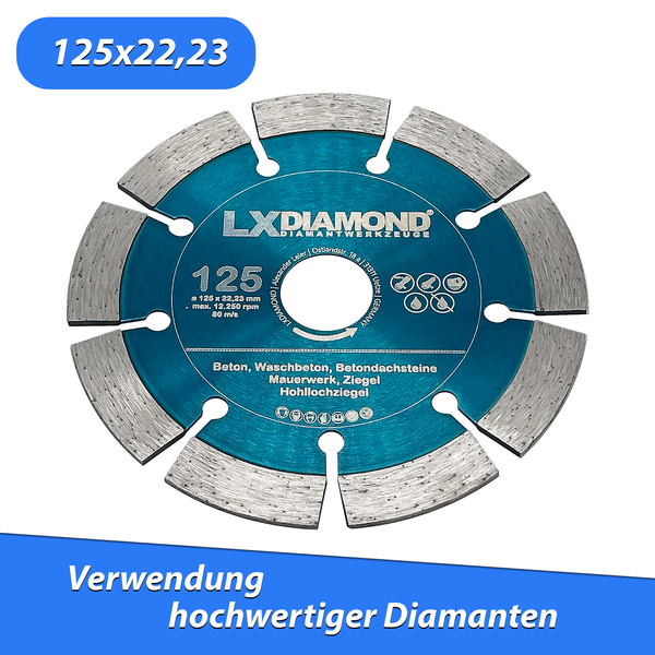 LXDIAMOND Diamant-Trennscheibe 125mm x 22,23mm - Diamantscheibe für Stein Beton Mauwerk passend für Winkelschleifer Mauernutfräse Schlitzfräsen - 125 mm in Profi Qualität