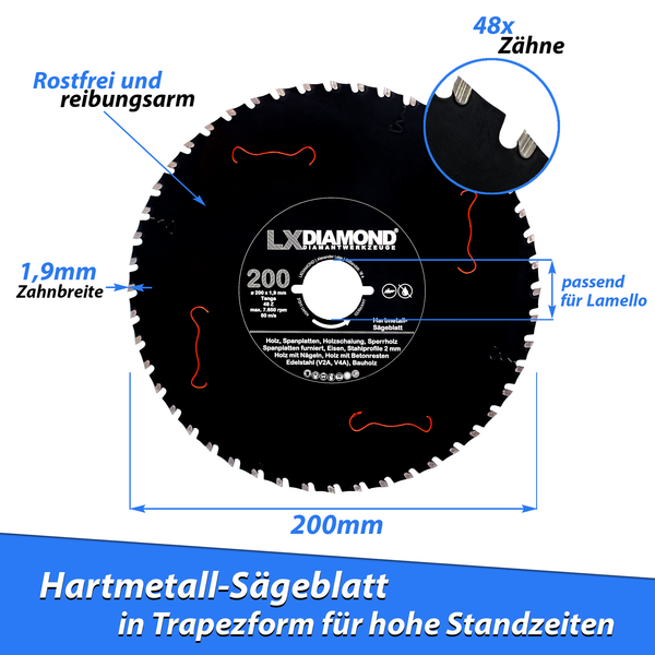 LXDIAMOND Hartmetall-Sägeblatt 200mm für Holz, Eisen, Metall, Stahl passend für Lamello Tanga DX200 Montagefräse